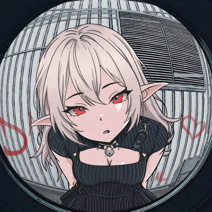 An anime-style illustration of a character with long blonde hair, pointed ears, and red eyes wearing a dark pinstriped outfit with a heart choker, viewed through a circular fish-eye lens.