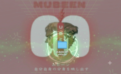 An anime-style image with Japanese text reading "自分自身の分身映し出す" (reflecting one's own avatar/double). A "MUBEEN NFT whitelist" button appears in the center over a stylized digital art composition with a character and wireframe designs.