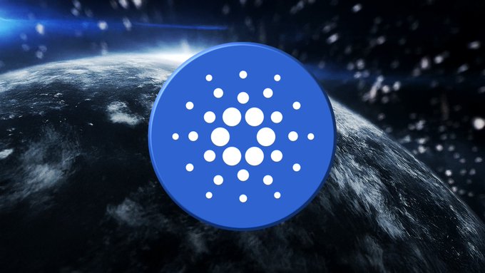The blue Cardano (ADA) cryptocurrency logo prominently displayed over an image of Earth from space.