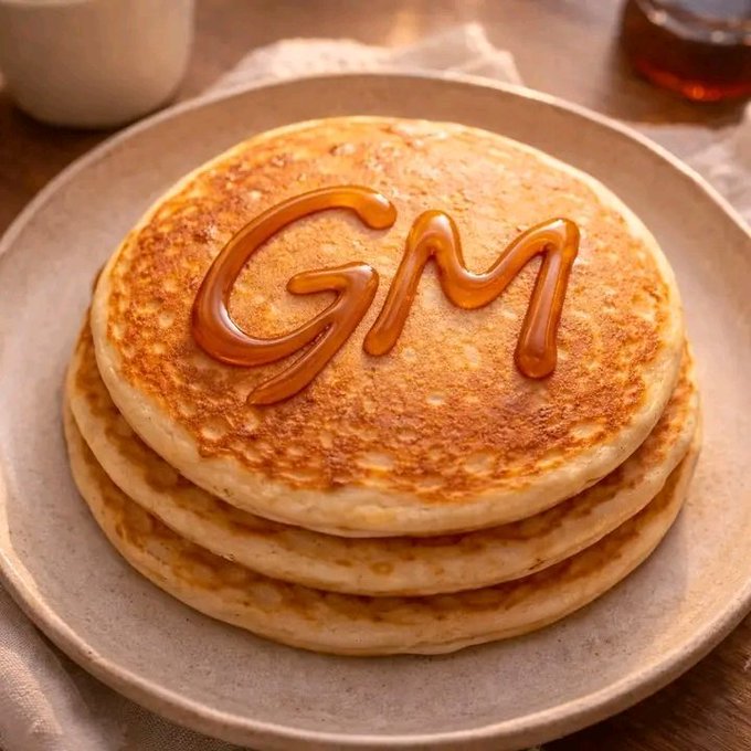 A stack of golden-brown pancakes sits on a beige plate, with caramel syrup drizzled on top to spell the letters 'GM'.