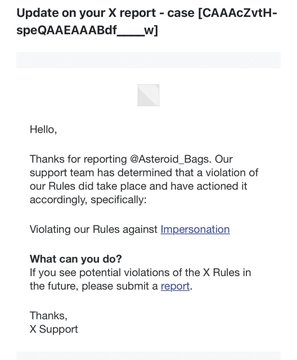 X Support email confirms a violation of impersonation rules regarding the @Asteroid_Bags account, aligning with the post's concern about protecting $ASTEROID's brand identity amid its 2.0M market cap trending status.