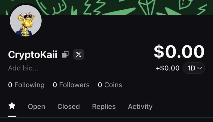 A crypto social media profile for 'CryptoKaii' featuring a Bored Ape-style avatar, showing $0.00 holdings, 0 followers, and 0 coins.