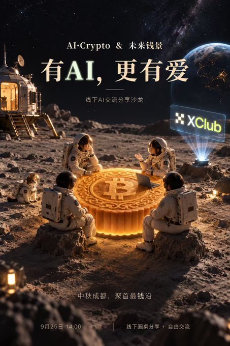 A promotional poster for "有AI，更有爱" (With AI, There's More Love), an AI-Crypto & Future Money offline salon, features astronauts gathered around a glowing Bitcoin emblem on a lunar-like surface with a small dog, XClub logo, and event details noting a free Mid-Autumn Chengdu gathering on September 25 at 14:00.