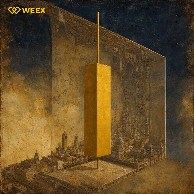 A WEEX-branded digital artwork depicting a golden, suspended monolith hovering above a sepia-toned, three-dimensional pop-up book illustrating an ancient cityscape.