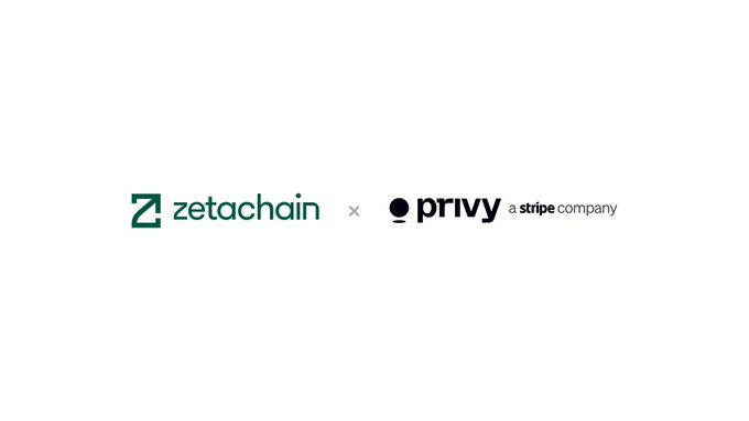 A white background displaying the logos 'zetachain' and 'privy a stripe company' separated by a small 'x' mark.