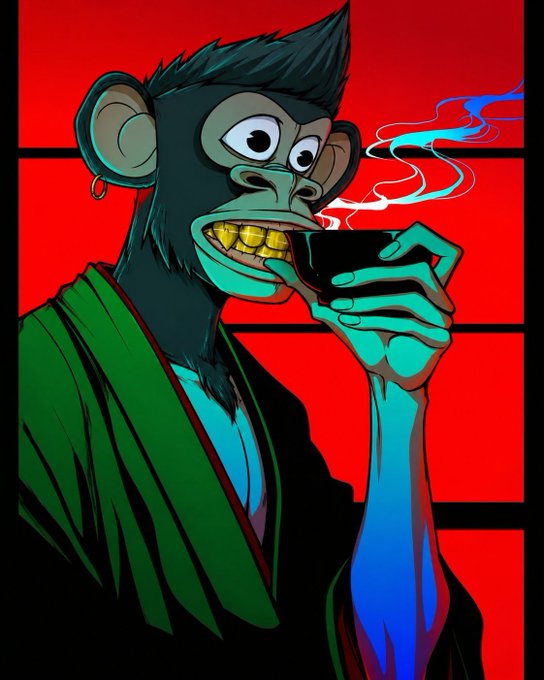 A stylized digital illustration of a grinning monkey with gold teeth wearing a green robe and holding a small pipe, set against a red grid background.