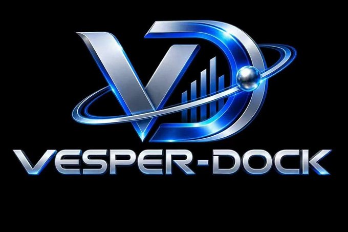 The image displays a sleek logo for "VESPER-DOCK," featuring stylized "V" and "D" letters encircled by an orbital ring design in metallic silver and electric blue, with the full name "VESPER-DOCK" written below in bold blue lettering against a black background. The futuristic, tech-inspired design visually reinforces the project's focus on building infrastructure for tokenized equities and real-world assets (RWA), aligning with its role in connecting traditional finance with DeFi and digital settlement through its $VD token.
