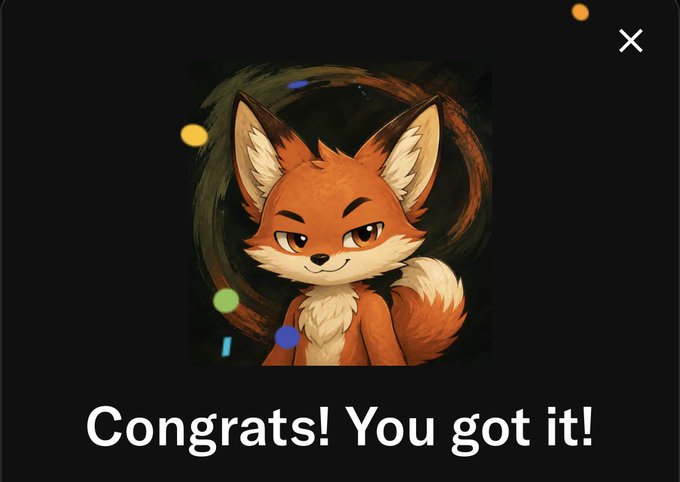 A cute cartoon fox character appears on a black background with colorful confetti-like dots and the text "Congrats! You got it!" displayed prominently below. The image celebrates the successful minting of one of ten NFTs from TheFoxVariable collection, matching the post about minting the 6th out of 10 planned pieces.