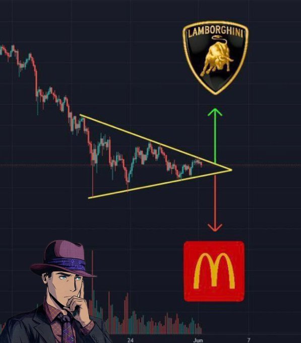 The image shows a stock chart with a symmetrical triangle pattern, where the price could break either upward toward a Lamborghini logo or downward toward a McDonald's logo, illustrating the post's question about market direction. A character in a hat and suit appears in the bottom left, contemplating the choice between luxury or fast food as the chart's breakout destination.