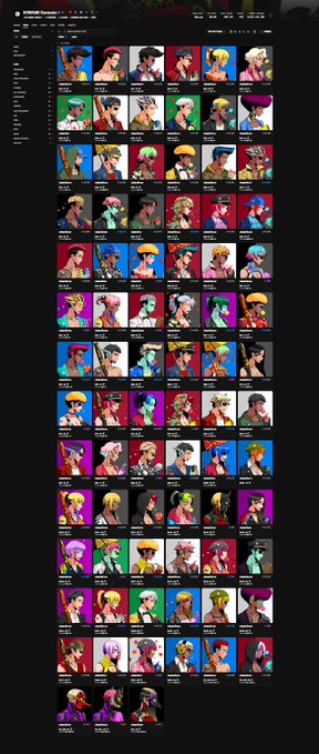A dark-themed NFT marketplace listing page displaying a grid of colorful digital avatar profile pictures, each priced in what appears to be ETH.