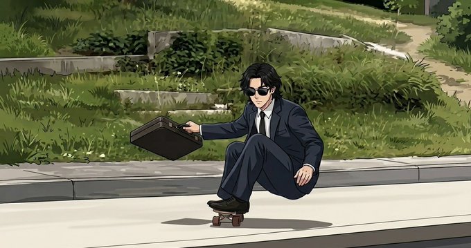The image features a man dressed in a suit and sunglasses riding a skateboard down a sidewalk. He appears to be in motion, possibly commuting or traveling for work purposes. The scene takes place outdoors with grass visible nearby, suggesting that he might be near a park or a green space. The post about the river implies that there is water nearby, which could potentially be a source of inspiration or relaxation for the man as well.