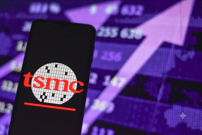 The image shows the TSMC (Taiwan Semiconductor Manufacturing Company) logo displayed on a smartphone screen, with a purple background featuring rising arrow graphics and stock market numbers, symbolizing the company's historic stock price surge to $2,425 and its market cap increase of NT$5.71 trillion mentioned in the post.