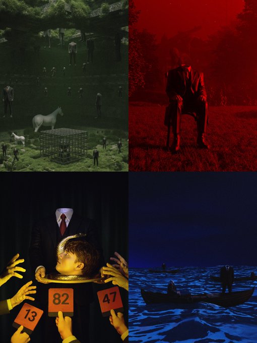 A four-panel surreal composition with distinct color themes: a dark green panel featuring a white horse and figures in a wooded area, a red panel showing a person seated on a chair in a field, a dark panel with a headless suited figure and a person holding numbered signs reading "13," "82," and "47," and a blue panel depicting figures in boats on water.