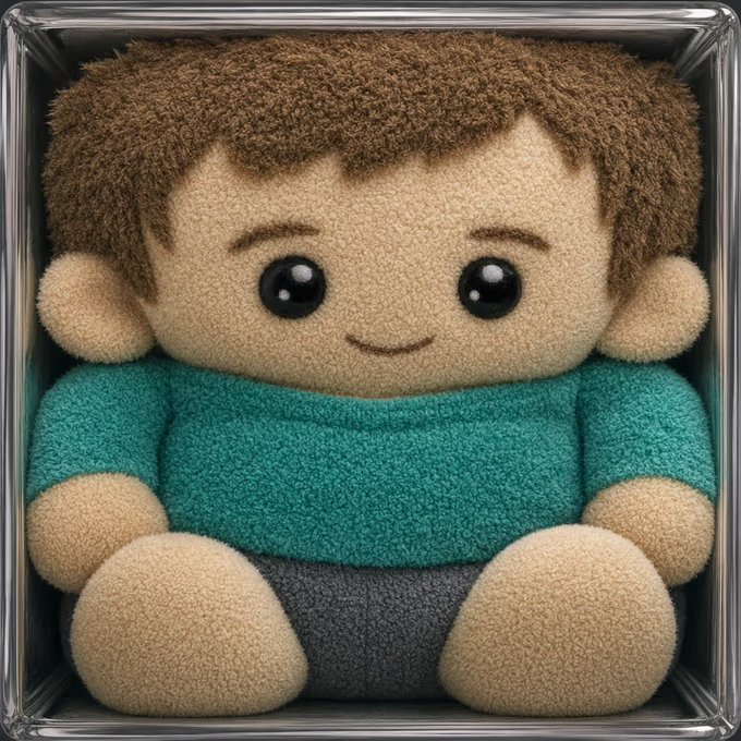 A cute plush doll resembling Vitalik Buterin, the co-founder of Ethereum, sits inside a display case. It connects to the post as a playful "sneaked" Vitalik-themed collectible NFT on OpenSea, complementing someone's Ethereum NFT collection.
