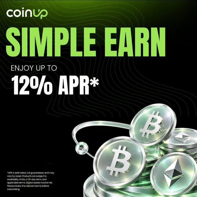 A CoinUp advertisement promoting 'SIMPLE EARN' with up to '12% APR*', featuring stacks of Bitcoin and Ethereum coins against a green background.