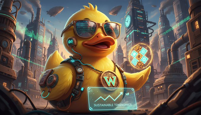 The image features a yellow duck wearing sunglasses, holding a coin with a "W" on it, surrounded by buildings and other city elements. The caption above the image reads, "Most DeFi protocols are just slow motion bank runs disguised by high APY. Sustainable tokenomics don' come from printing more tokens to hide the churn. True health requires plugging the MEV leaks."