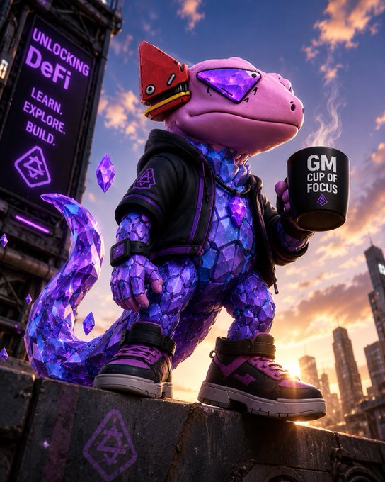 A digital artwork of a purple crystal-textured humanoid character wearing sneakers and holding a black mug labeled 'GM CUP OF FOCUS', standing in front of a billboard reading 'UNLOCKING DeFi - LEARN. EXPLORE. BUILD.'