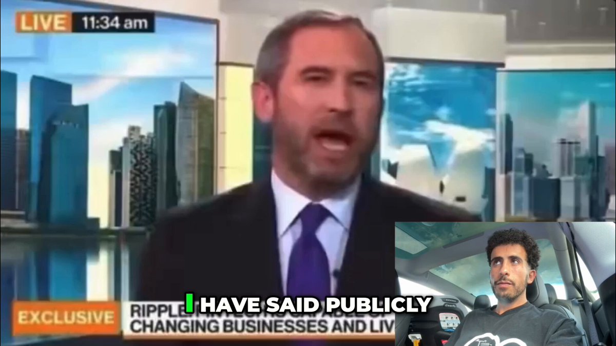 The image shows a man sitting behind the wheel of a car, with a news anchor reporting live from inside the vehicle. The news anchor is talking about Ripple cryptocurrency and its potential impact on the economy. The man appears to be listening intently as he drives through the city.