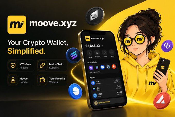A promotional banner for 'moove.xyz' crypto wallet featuring the tagline 'Your Crypto Wallet, Simplified.' with features like KYC-Free Access and Multi-Chain Support, alongside an illustration of a person in a yellow hoodie holding a phone showing a $2,846.32 balance.