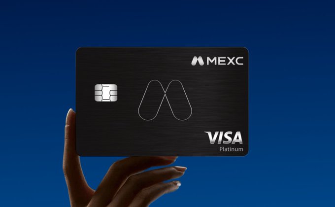 A hand holds up a black MEXC Visa Platinum card against a solid blue background.