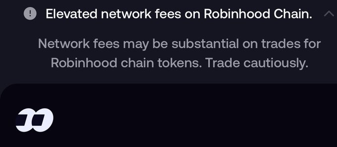 An image of a warning notification from Robinhood Crypto alerting users about elevated network fees on the Robinhood Chain, advising traders to "Trade cautiously" due to potentially substantial costs on trades for Robinhood chain tokens.