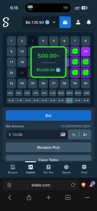 A mobile screenshot of Stake.com's Keno game shows a bet amount of $10.00 with a potential win of $5,000.00 at 500x multiplier, following the post announcing that Keno has finally been enabled on Stake.