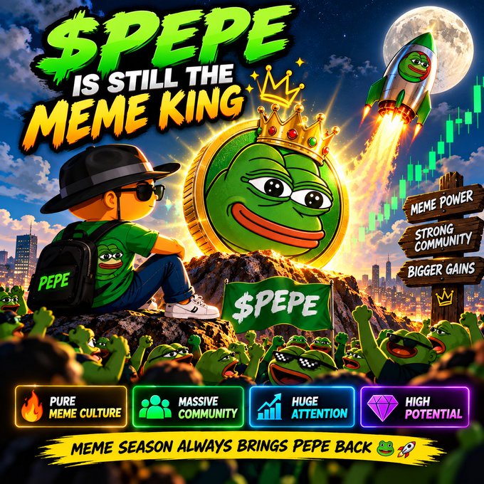 A promotional graphic declares '$PEPE IS STILL THE MEME KING' featuring a crowned Pepe the Frog on a coin, a Pepe rocket ship, and various Pepe characters.