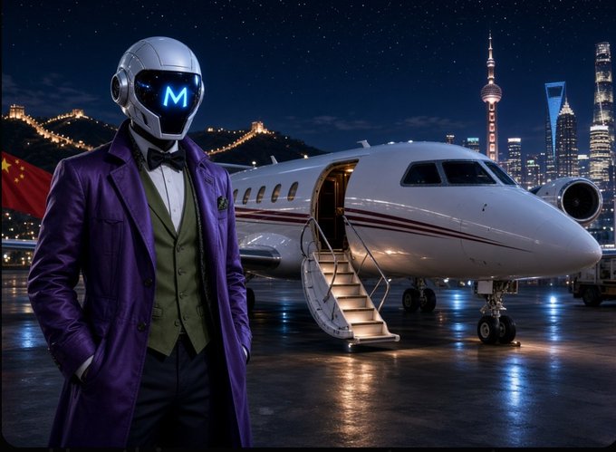A stylized image of a humanoid robot wearing a purple coat and bow tie, standing next to a private jet with a nighttime city skyline and Chinese flag in the background.