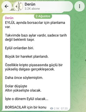 A screenshot of a Telegram post by user "Derün" with 3.2K subscribers, dated August 2, predicting that September will bring planned moves in cryptocurrency markets, a strong rising wave particularly in crypto, and an "Eylül season" with falling interest rates. The image relates to the accompanying post's themes of crypto price increases, falling interest rates, and looking ahead to upcoming market movements.