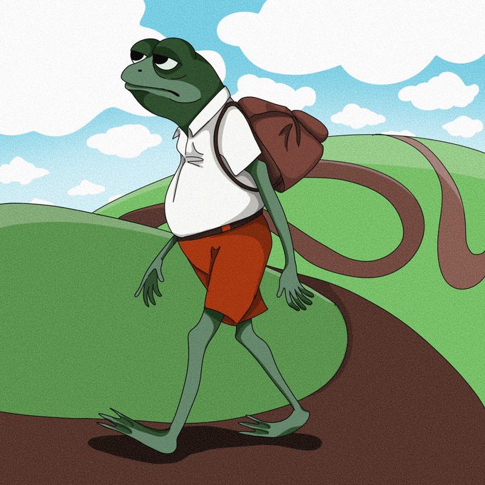An illustration of a frog wearing a white shirt, orange shorts, and backpack walking along a winding dirt path through green hills.