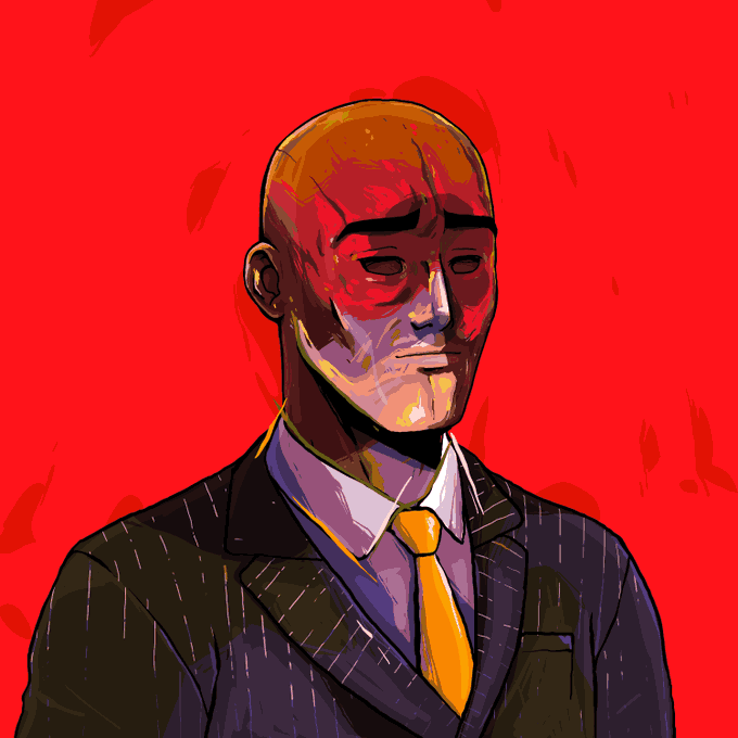 Stylized portrait illustration of a bald man in a pinstripe suit and yellow tie against a red background.