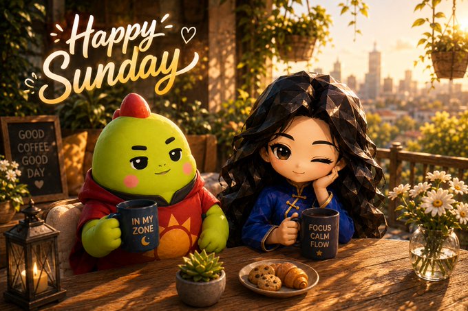 A 'Happy Sunday' illustration featuring a green creature and a dark-haired girl holding mugs that read 'IN MY ZONE' and 'FOCUS CALM FLOW' at a table with cookies and coffee.