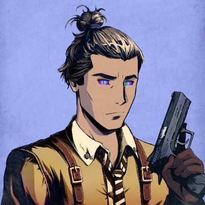 An illustration of a man with a man bun, heterochromatic purple and blue eyes, and a leather harness holding a handgun, wearing a yellow shirt and striped tie.