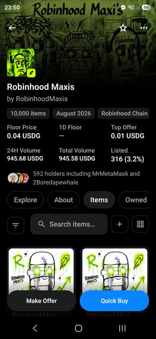 Mobile app screenshot of 'Robinhood Maxis' NFT collection on Robinhood Chain, launched August 2026, with 316 listed (3.2%), floor price 0.04 USDG.