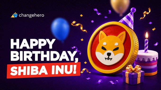 A festive 'HAPPY BIRTHDAY, SHIBA INU!' graphic from ChangeHero featuring a Shiba Inu dog-themed coin wearing a party hat, surrounded by balloons and a birthday cake.