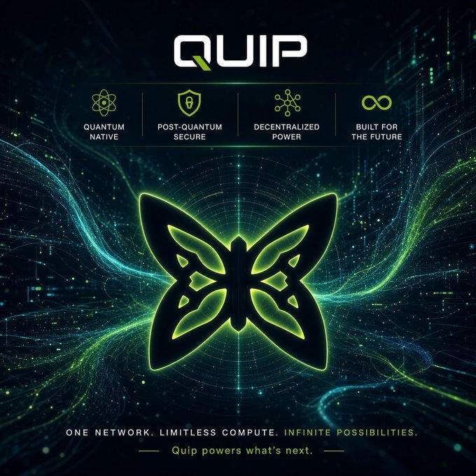 A promotional graphic for Quip Network features a glowing green butterfly emblem against a digital wave backdrop, with key features highlighted: "Quantum Native," "Post-Quantum Secure," "Decentralized Power," and "Built for the Future," along with the tagline "One Network. Limitless Compute. Infinite Possibilities. Quip powers what's next." The image visually reinforces the post's claim about the project's real-world traction, showcasing Quip's quantum-resistant branding to emphasize the infrastructure milestones like 20K+ wallets and 500+ active nodes mentioned in the accompanying text.