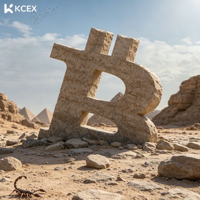 A large weathered stone Bitcoin symbol sculpture stands in a desert landscape with Egyptian pyramids in the background, branded with the KCEX logo.