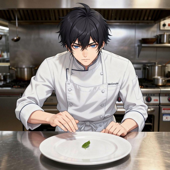The image features a man dressed as a chef, wearing an apron and standing at a kitchen counter with a plate of food in front of him. The background shows various cooking utensils such as pots and pans hanging above the stovetop. The caption for the image reads "Gm mutuals Today is another day to go harder I am currently in the kitchen cooking something for genlayer and arc." This suggests that the chef might be preparing a meal or dish for someone else, possibly his friend Genlayer from the anime series.