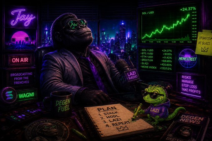 A cyberpunk-style illustration of a gorilla in a suit broadcasting from 'LAZI RADIO' with neon 'ON AIR' and 'WAGMI' signs, surrounded by crypto metrics for SOL/USD, BTC, ETH, SRECTUM, $LAZI, and MEME INDEX, alongside a chameleon character and a 'DEGEN FUEL' mug.