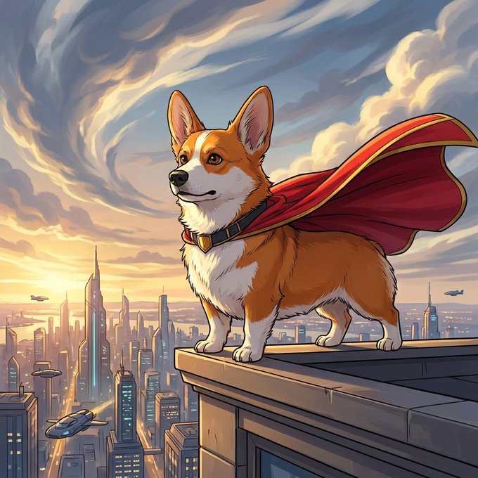 An illustration of a corgi wearing a red superhero cape standing on a rooftop ledge overlooking a futuristic city skyline at sunset.