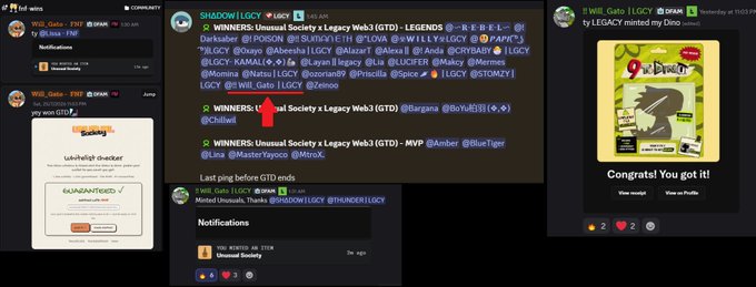 Three side-by-side Discord screenshots showing community activity, including a 'wishlisted Smikey' notification, giveaway winners announced for a Legacy Web3 GTD event, and a congratulatory message for minting a DINO NFT.