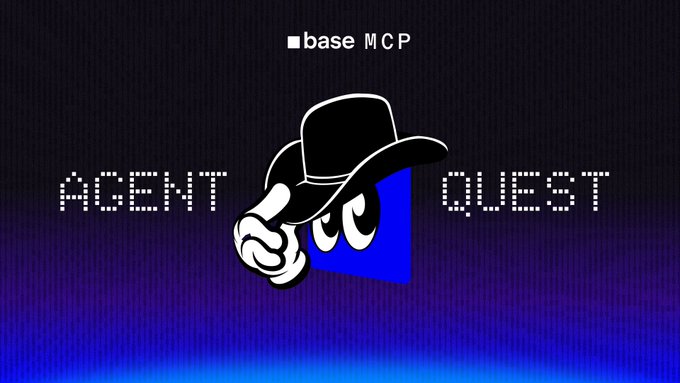 The image features a logo for an Agent Quest game, which has a cartoon character wearing a cowboy hat holding a gun. The logo also includes text that reads "Base MCP" and "Agent Quest", indicating the game's title and platform. The background of the image is blue with white text, creating a contrast to make the logo stand out.