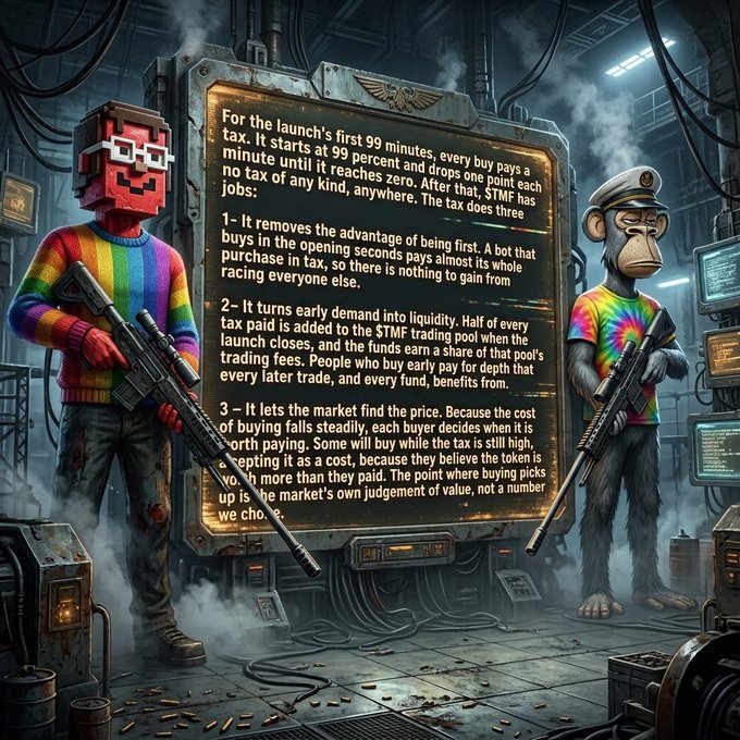 A digital illustration shows two figures wearing sunglasses and tie-dye shirts, holding firearms next to a large glowing text board explaining tax mechanics for token launches.