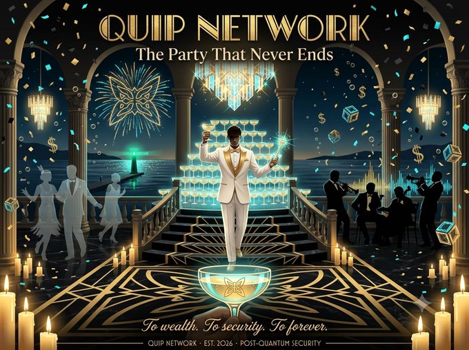 A promotional image for 'QUIP NETWORK - The Party That Never Ends' featuring a man in a white suit holding a glass and wand in front of a champagne tower, with silhouettes of party guests, fireworks, dollar sign confetti, and the tagline 'To wealth. To security. To forever.' QUIP NETWORK • EST. 2026 • POST-QUANTUM SECURITY.