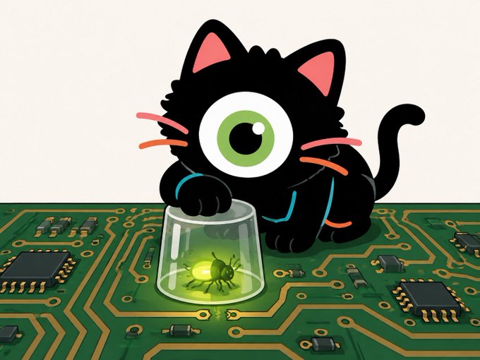 A cartoon illustration of a black cat with large green eyes playfully poking at a glass dome covering a glowing green bug on a circuit board.