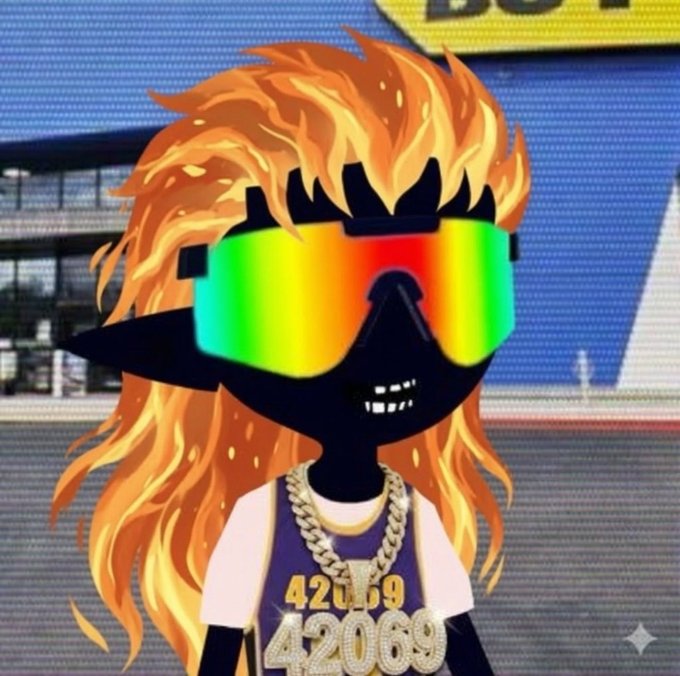 The image features a cartoon character with orange hair wearing sunglasses, a gold chain necklace, and a purple shirt that says "422069". The character appears to be smiling and has a playful expression. The background of the image shows a blue building, suggesting an urban setting or possibly a theme park. The post includes text about the Pfp starting flipping their summer collection on August 1st, which is relevant to the cartoon character's appearance as it features a summer-themed outfit with sunglasses and a gold chain necklace.

The overall atmosphere of the image seems lighthearted and fun, with the cartoon character dressed in summer clothes that match the theme of the Pfp's summer collection.