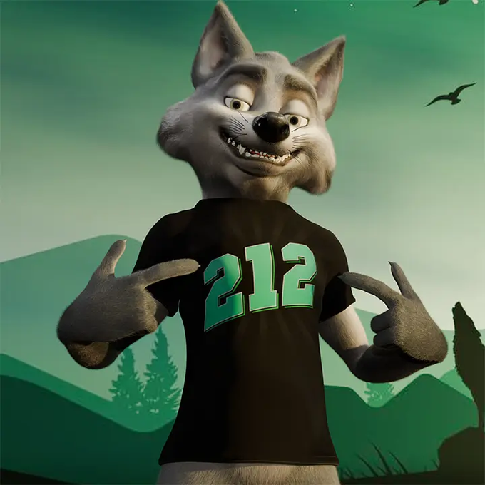 A 3D animated gray wolf character wearing a black t-shirt with green '212' text points at the logo against a green landscape background with a bird flying in the sky.