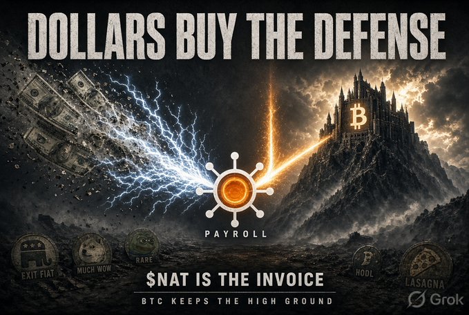A graphic titled "DOLLARS BUY THE DEFENSE" featuring a castle with a Bitcoin symbol, electrical energy, and the text "$NAT IS THE INVOICE" and "BTC KEEPS THE HIGH GROUND", with logos for EXIT FIAT, MUCH WOW, RARE, HODL, and LASAGNA, plus a Grok logo.