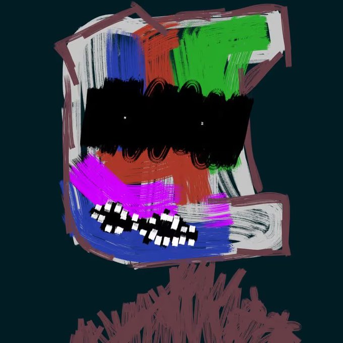 An abstract digital painting featuring a stylized face composed of bold, colorful brushstrokes in green, red, pink, blue, and black, with a pixelated checkered mouth area.