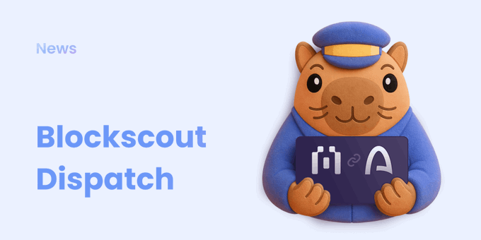 A promotional graphic for 'Blockscout Dispatch' news featuring a cartoon hamster mascot in a blue uniform and cap holding a tablet with a logo.